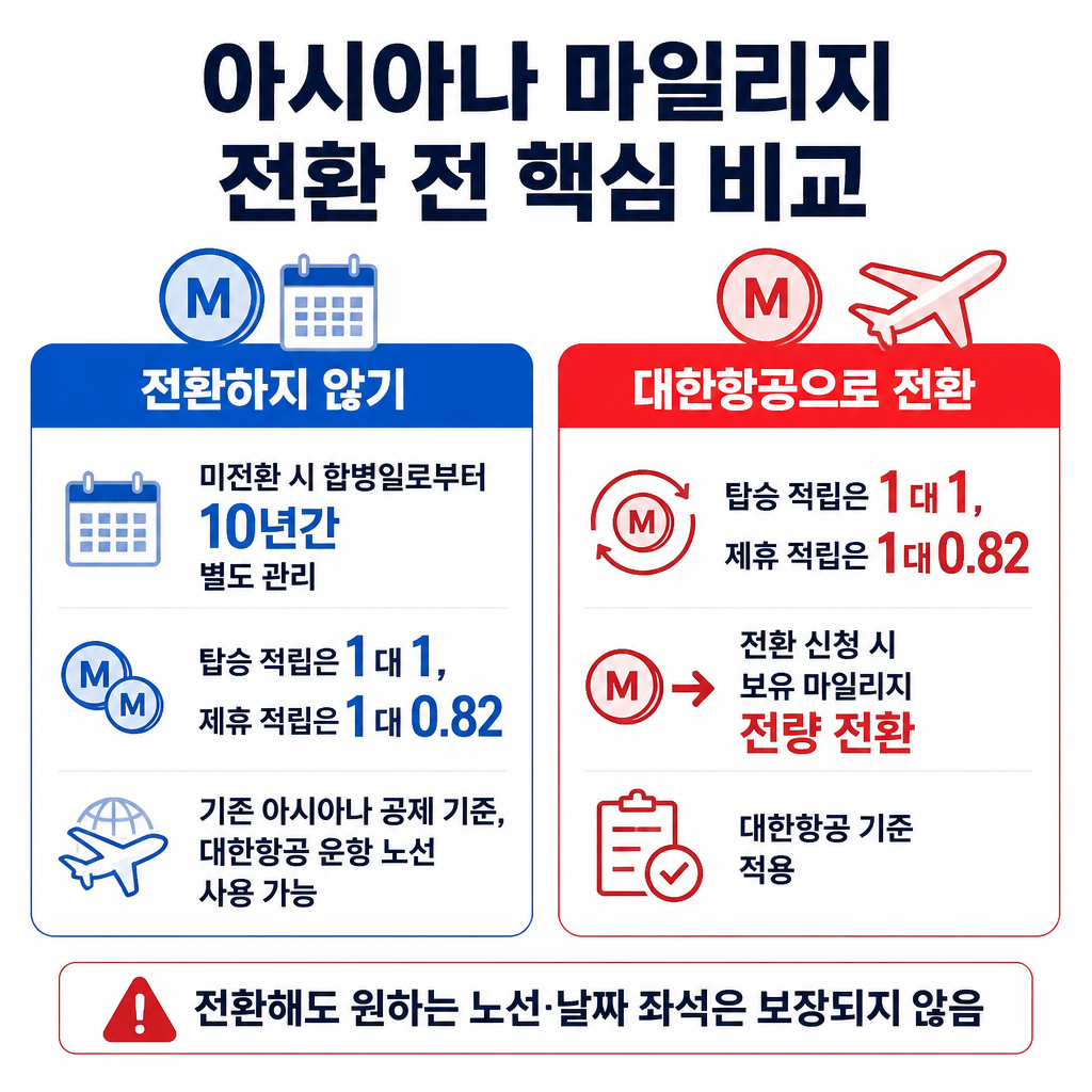 아시아나 마일리지를 유지할 때와 대한항공으로 전환할 때의 조건과 보너스 좌석 관련 주의사항을 비교한 요약 카드입니다.