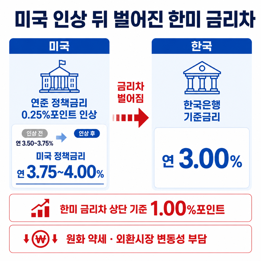 연준 정책금리는 연 3.75~4.00%로 인상됐고 한국은행 기준금리는 연 3.00%로, 한미 금리차 상단이 1.00%포인트로 벌어진 상황을 비교한 인포그래픽