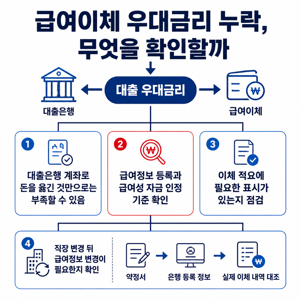 급여이체 우대금리 누락 여부를 확인하기 위해 약정서, 은행 등록 정보, 이체 내역을 대조하는 핵심 점검 항목을 보여주는 인포그래픽