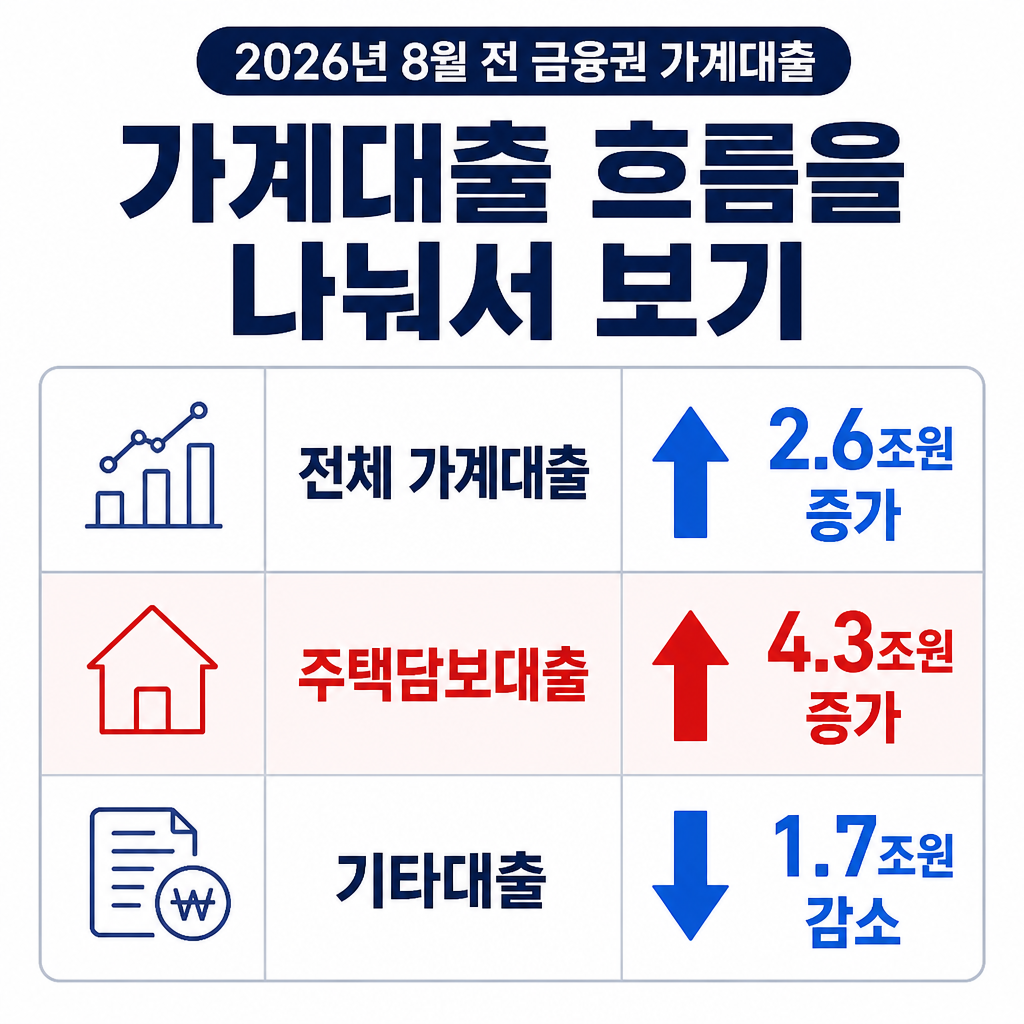 2026년 8월 전 금융권 가계대출에서 전체 대출은 2.6조원, 주택담보대출은 4.3조원 증가하고 기타대출은 1.7조원 감소한 흐름을 비교한 표