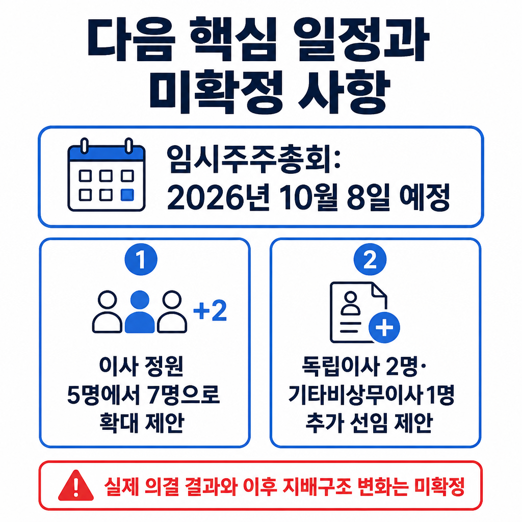 2026년 10월 8일 임시주주총회 일정과 이사 선임 제안, 공개매수 예정 주식의 의결권 행사 불가 및 결과 미확정을 정리한 인포그래픽