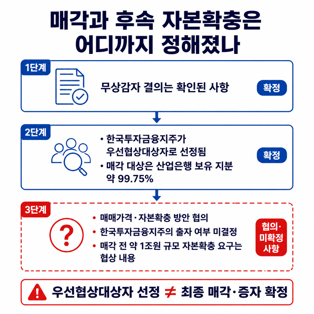 무상감자 결의부터 우선협상대상자 선정, 자본확충 협의까지 확정 사항과 미확정 사항을 구분한 흐름도