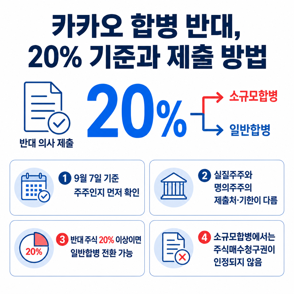 카카오 합병 반대 의사와 20% 기준, 주주 유형별 제출처 및 합병 절차 전환 가능성을 요약한 인포그래픽
