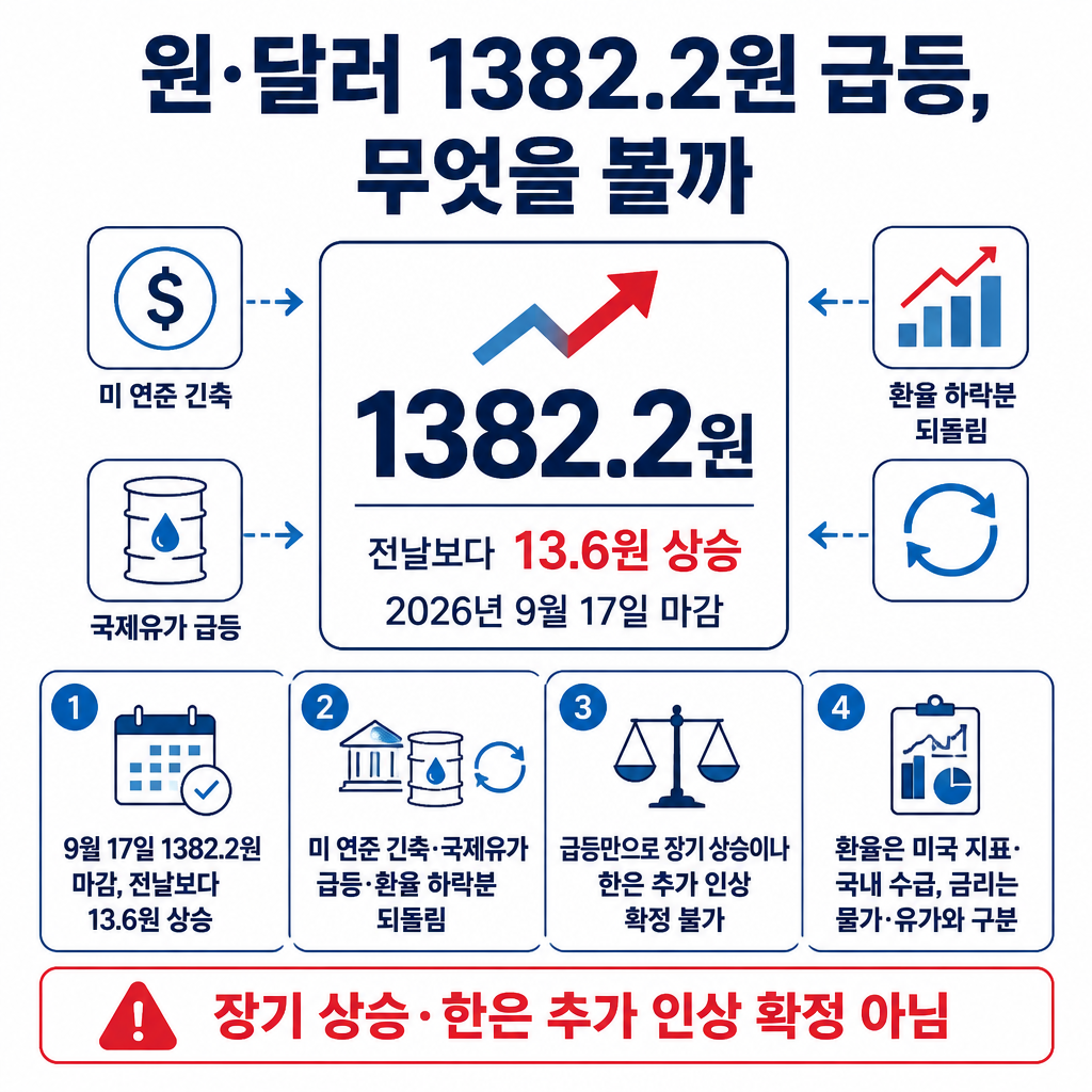 2026년 9월 17일 원·달러 환율이 1382.2원으로 13.6원 오른 가운데 급등 배경과 해석상의 주의점을 요약한 인포그래픽