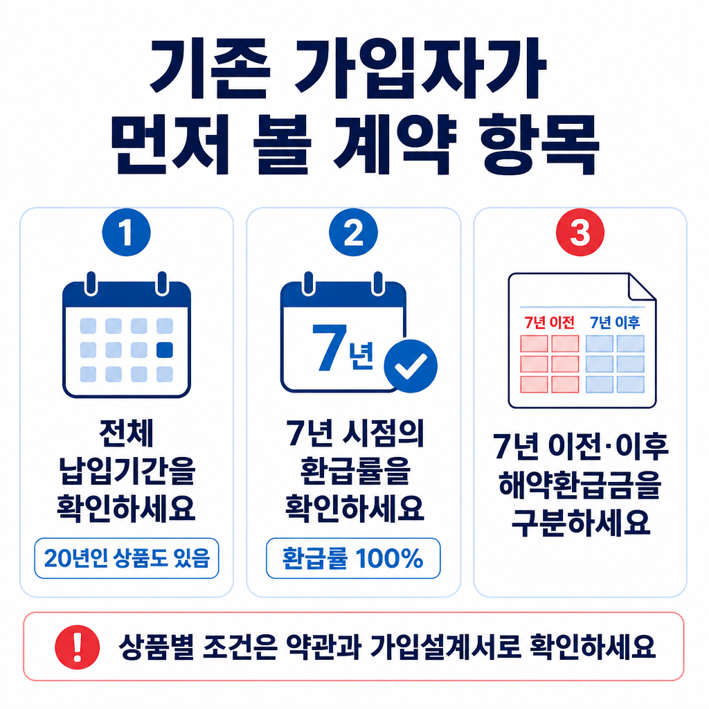 기존 가입자가 납입기간, 7년 시점 환급률, 해지 시점별 해약환급금 표를 확인해야 한다는 점을 정리한 카드형 이미지