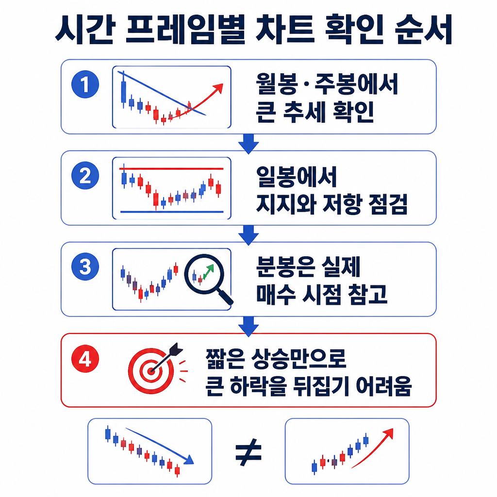 월봉·주봉에서 큰 추세를 확인한 뒤 일봉의 지지와 저항을 살피고 분봉에서 매수 시점을 참고하는 순서를 보여주는 흐름도