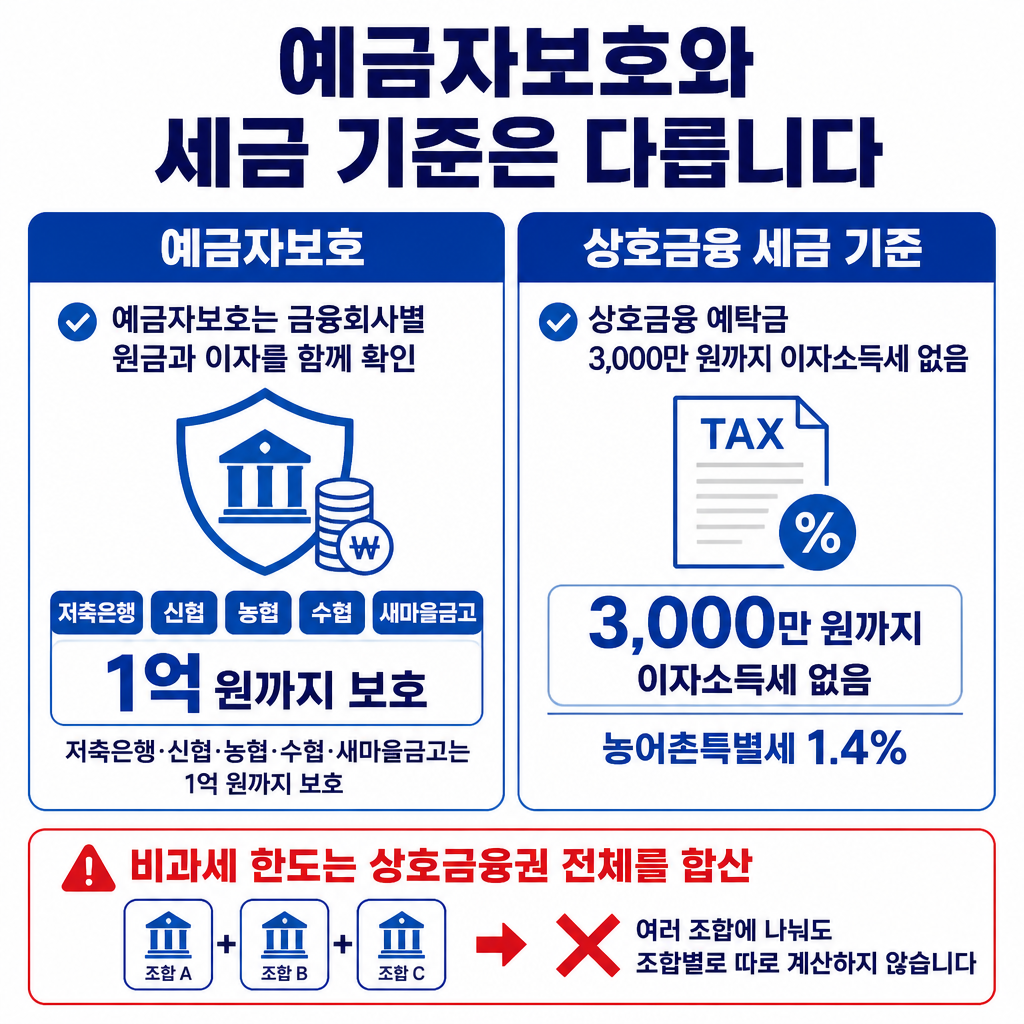 예금자보호와 상호금융 세금 기준을 나란히 비교해 보호 단위와 3,000만 원 비과세 한도, 1.4% 농어촌특별세를 구분한 카드