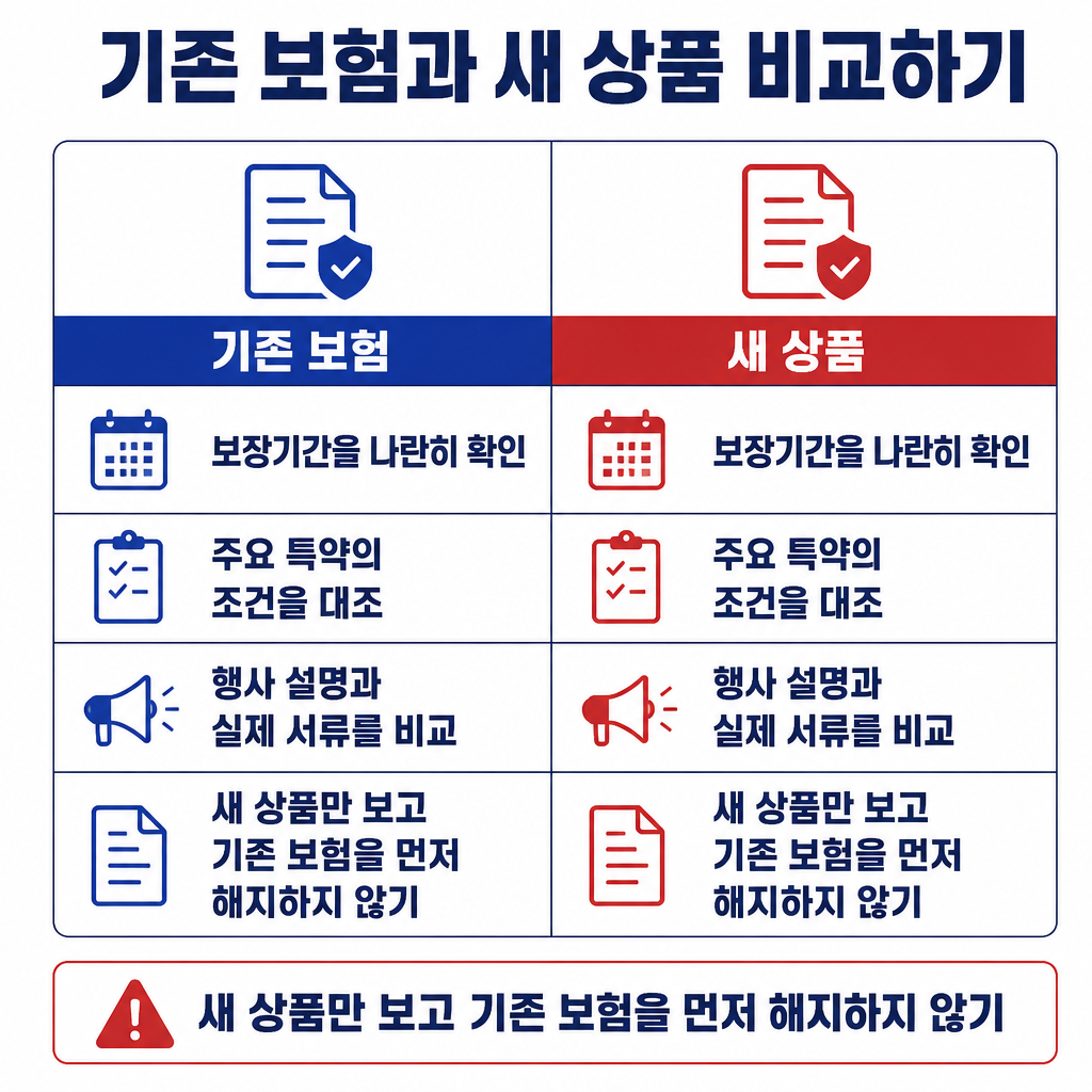 기존 보험과 새 상품을 보장기간, 주요 특약, 설명 내용, 실제 서류 조건으로 나란히 비교한 뒤 기존 계약을 먼저 해지하지 말아야 한다는 비교표