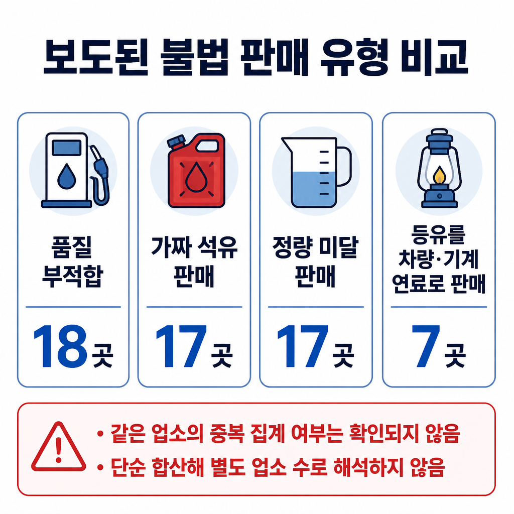 불법 석유 판매로 보도된 네 가지 유형을 품질 부적합 18곳, 가짜 석유 판매 17곳, 정량 미달 17곳, 등유 판매 7곳으로 비교한 표