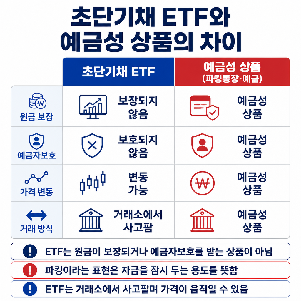 초단기채 ETF와 파킹통장·예금의 원금 보장, 예금자보호, 가격 변동, 거래 방식 차이를 비교한 표