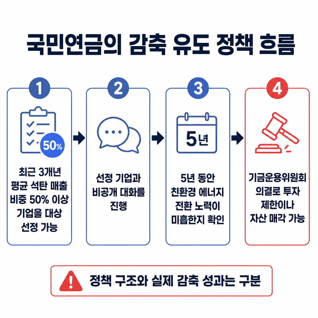석탄 매출 비중 기준에 따른 대상 선정부터 비공개 대화, 5년 점검, 투자 제한이나 자산 매각까지의 국민연금 정책 흐름도