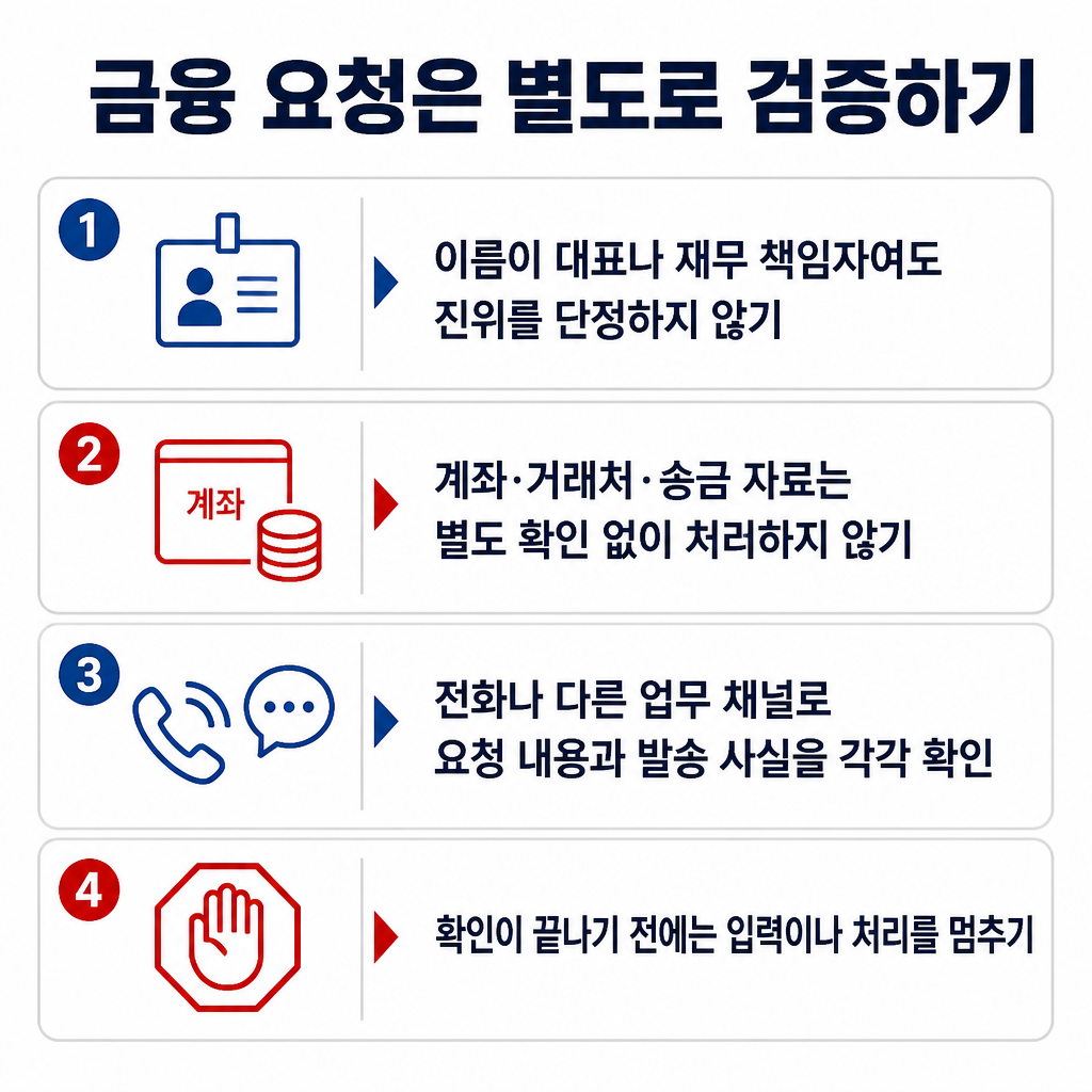 대표나 재무 책임자 명의라도 계좌·거래처·송금 자료 요청은 별도 확인하고 요청 내용과 발송 사실을 각각 검증해야 함을 보여주는 대응표