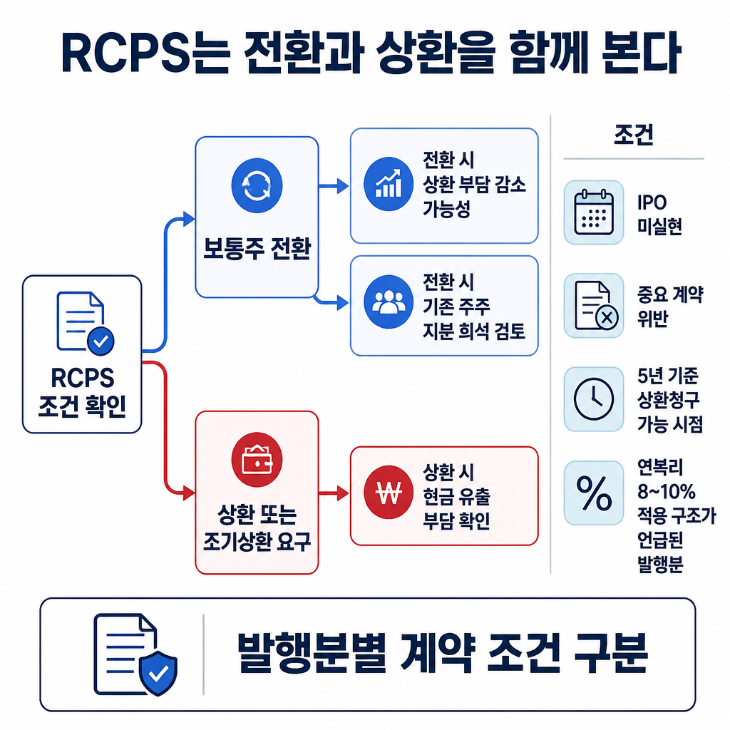 무신사 RCPS를 검토할 때 전환과 상환 가능성을 나누고, 각 경우의 지분 희석과 현금 유출 부담을 확인하는 흐름도