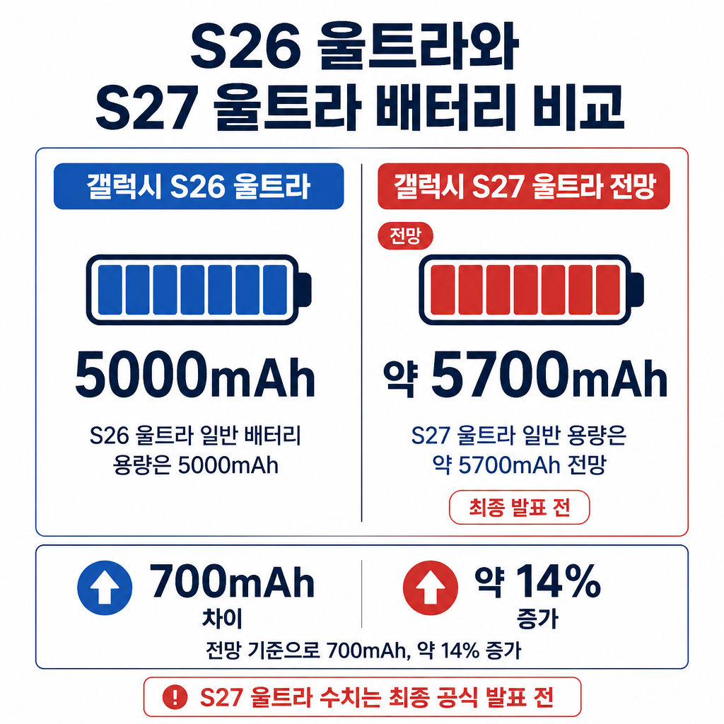 갤럭시 S26 울트라의 5000mAh와 갤럭시 S27 울트라의 약 5700mAh 전망을 비교한 표