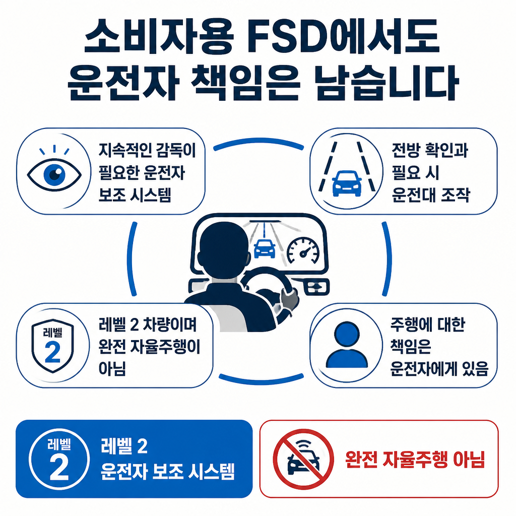 소비자용 FSD는 레벨 2 운전자 보조 시스템으로 지속적인 감독과 운전자 책임이 필요하다는 설명 카드