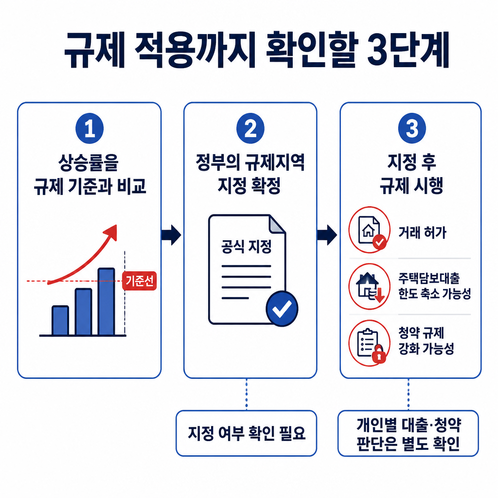 상승률 비교부터 규제지역 지정 확정과 거래·대출·청약 규제 적용까지의 구분을 보여주는 3단계 흐름도