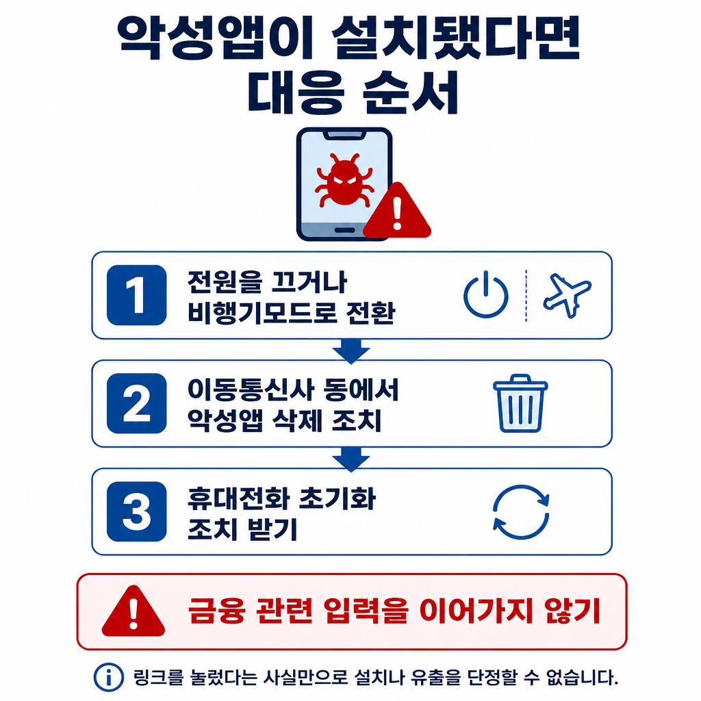 악성앱 설치가 확인된 뒤 통신을 차단하고 삭제와 휴대전화 초기화를 진행하는 3단계 대응 순서도