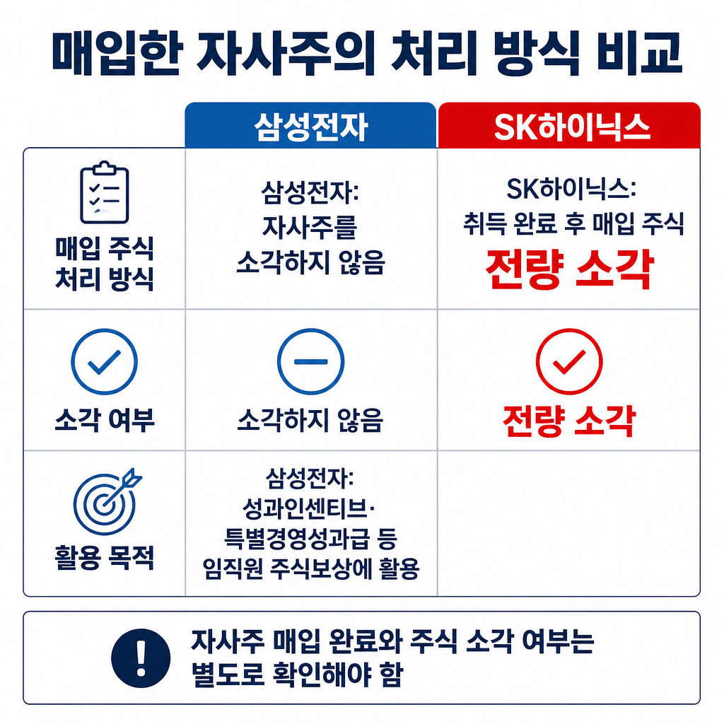 삼성전자는 자사주를 임직원 주식보상에 활용하고 SK하이닉스는 전량 소각하는 처리 방식의 차이를 비교한 표