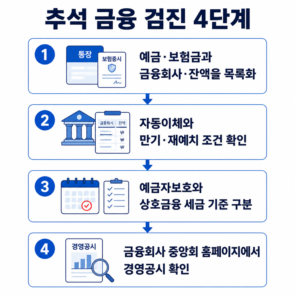 부모님 금융 검진을 위해 예금과 보험금 목록화부터 만기·재예치 조건, 보호·세금 기준, 경영공시 확인까지 이어지는 점검 순서를 보여주는 인포그래픽