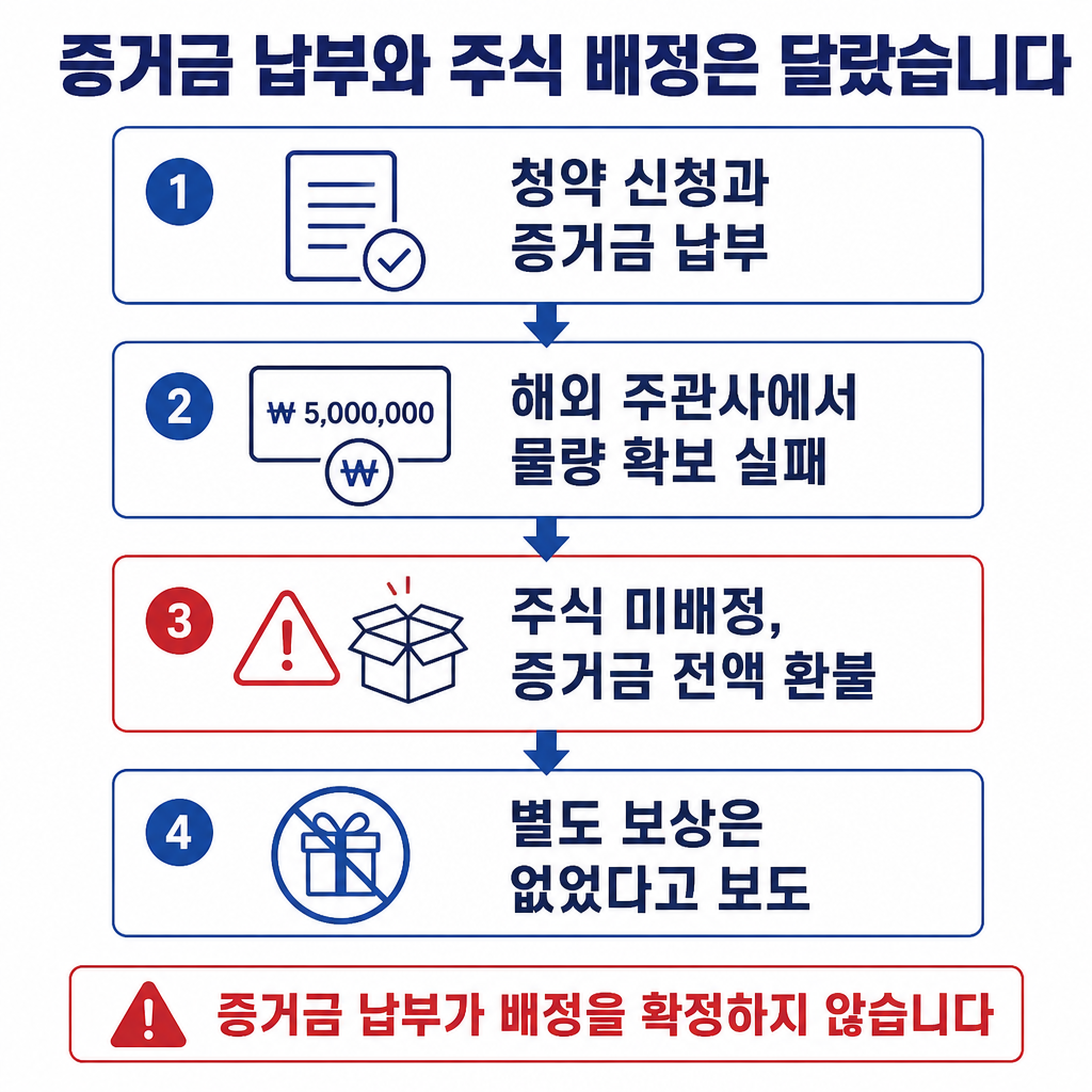 스페이스X 청약에서 신청과 증거금 납부 후 해외 주관사가 주식 물량을 확보하지 못해 주식은 배정되지 않고 증거금만 환불된 과정을 보여주는 순서도