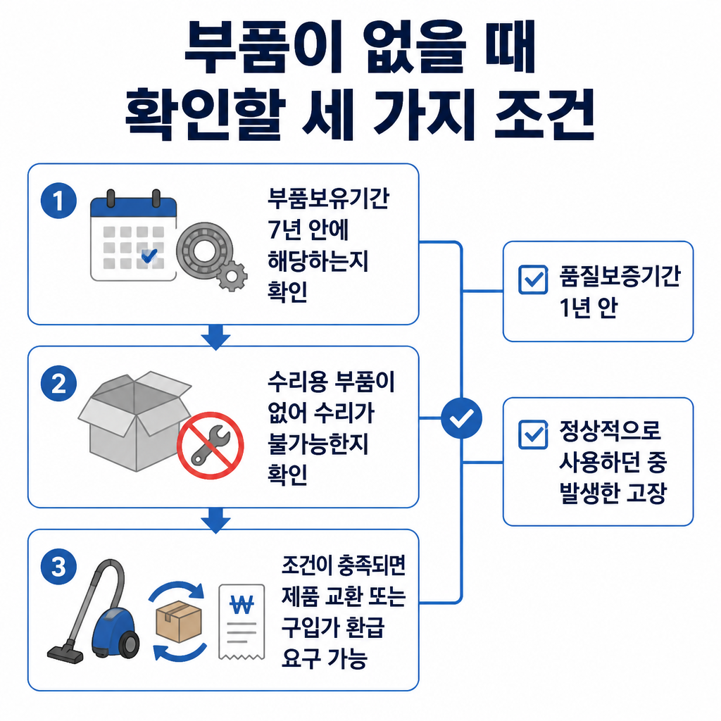부품 미보유로 수리할 수 없을 때 제품 교환 또는 구입가 환급을 요구하기 위한 조건과 판단 순서