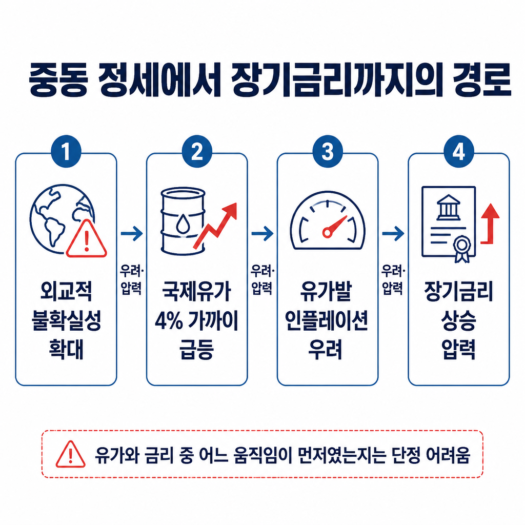 중동 정세 불확실성이 국제유가와 물가 우려를 거쳐 미국 장기금리 상승 압력으로 연결되는 경로를 보여주는 순서도