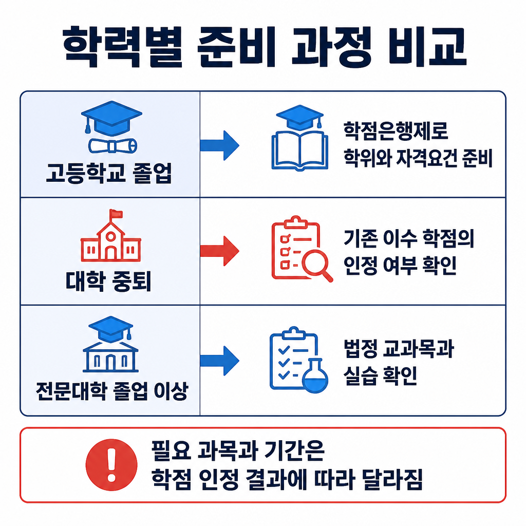고등학교 졸업자, 대학 중퇴자, 전문대학 졸업 이상 학력자의 사회복지사 2급 준비 방향을 비교한 표