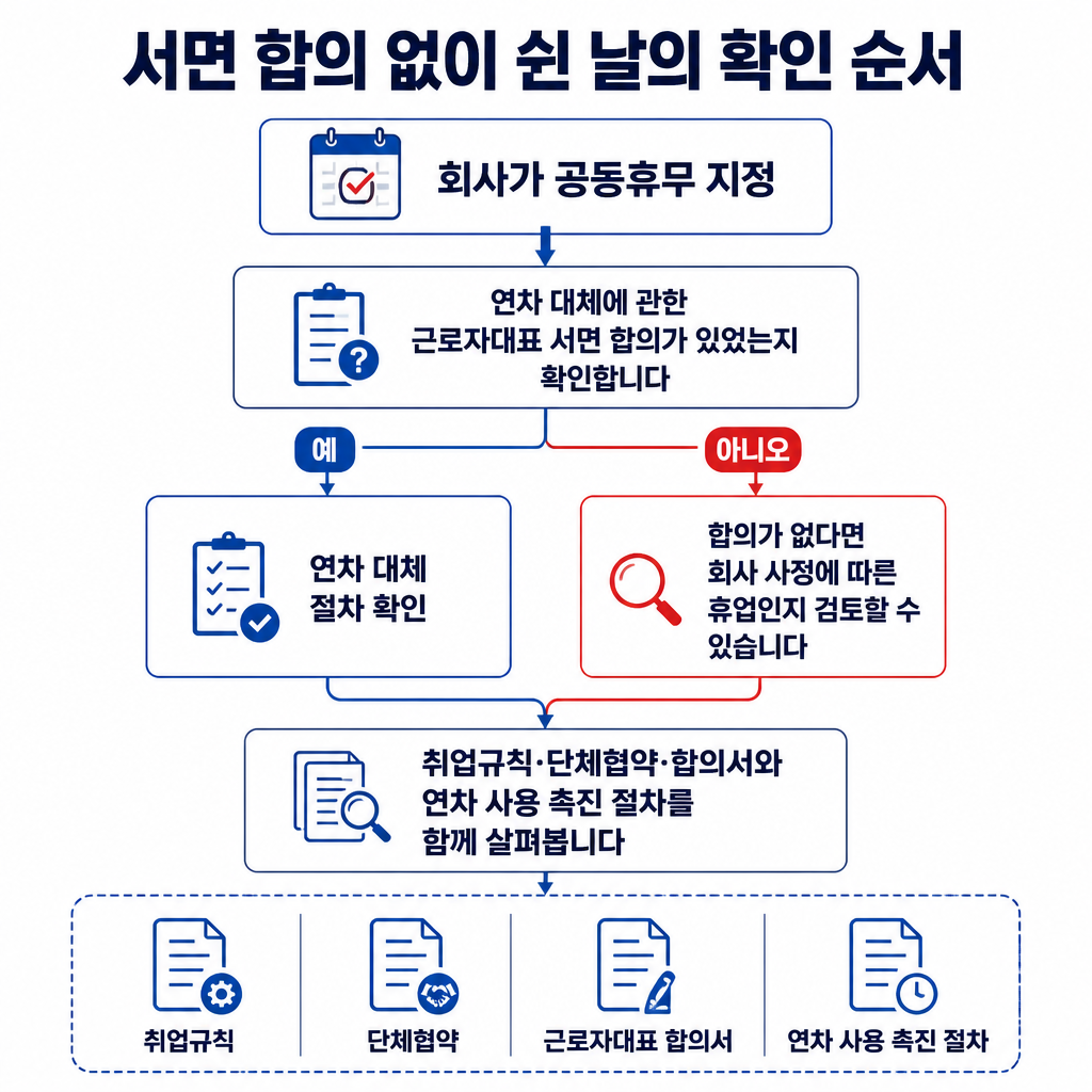 추석 공동휴무가 개인 연차인지 회사 사정에 따른 휴업인지 확인하는 판단 순서도