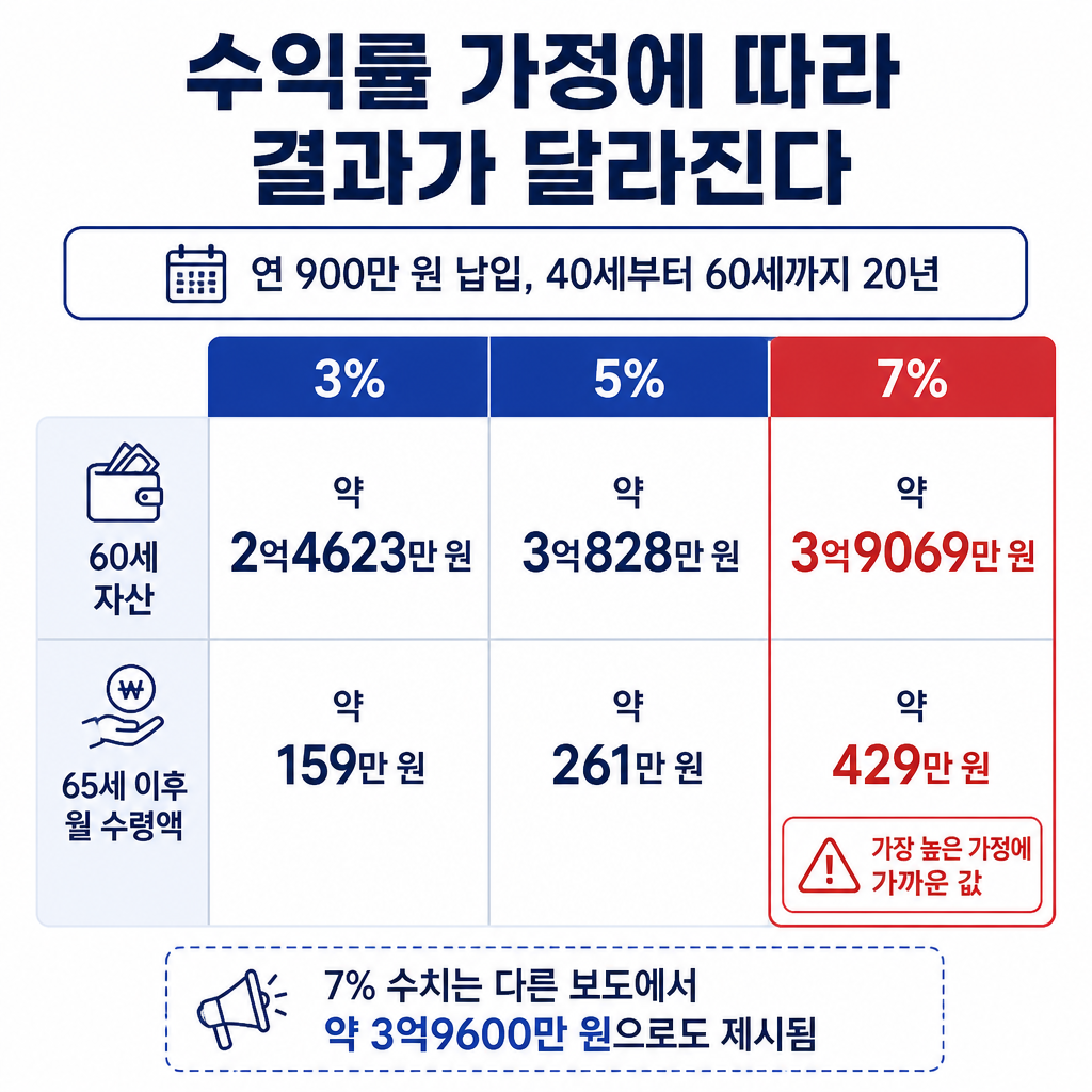 연평균 수익률 3%, 5%, 7%를 기준으로 60세 자산과 65세 이후 월 수령액을 비교한 표