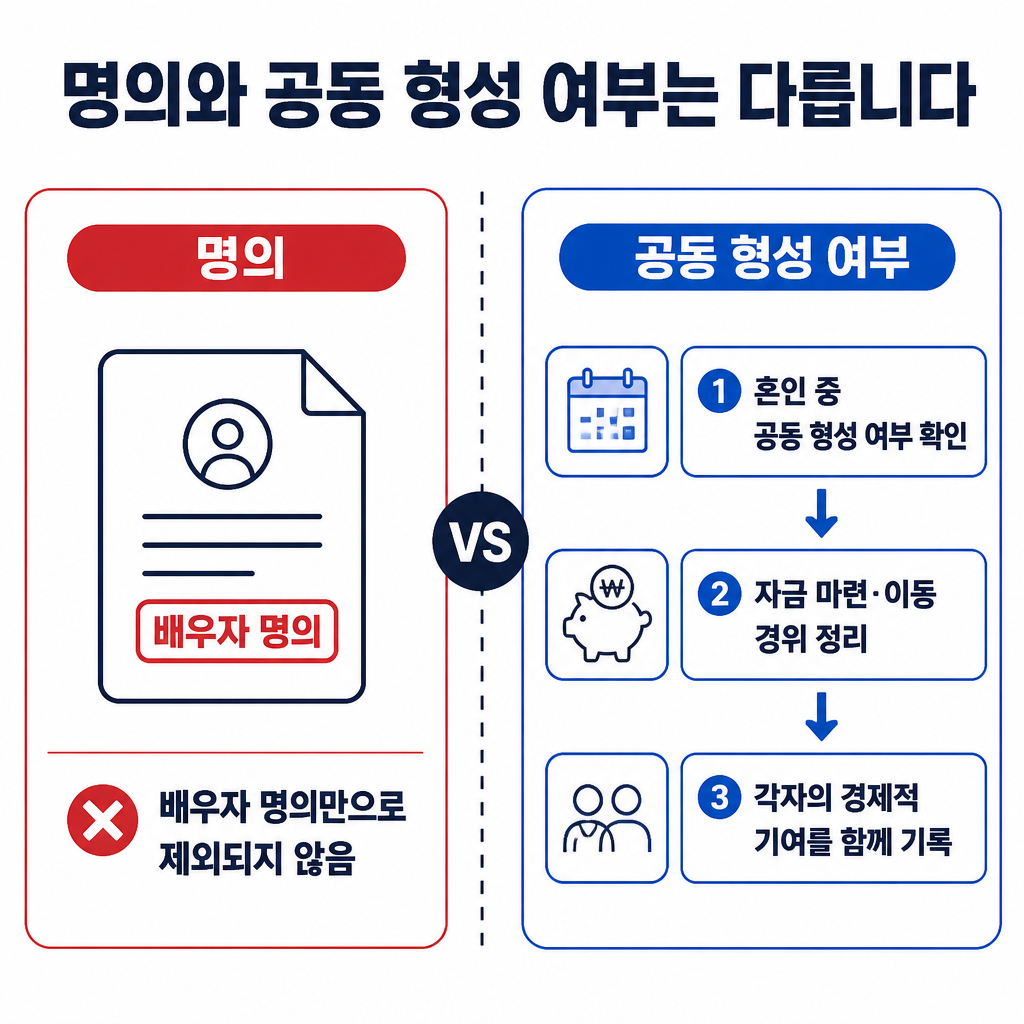 배우자 명의 여부와 혼인 중 공동 형성 및 경제적 기여를 구분해 재산을 살펴보는 비교표