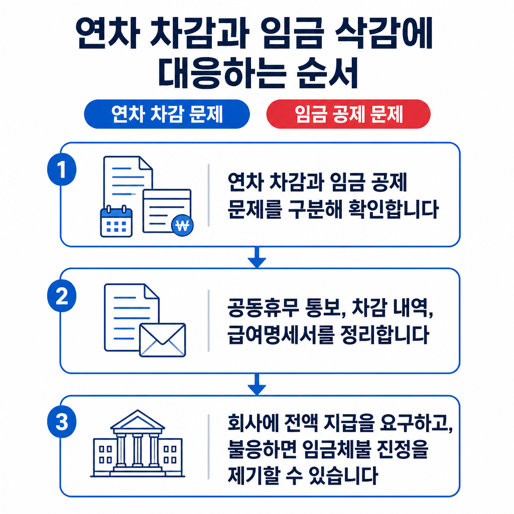 연차 차감과 임금 삭감이 발생했을 때 자료를 정리하고 회사에 요구한 뒤 진정을 제기하는 대응 절차
