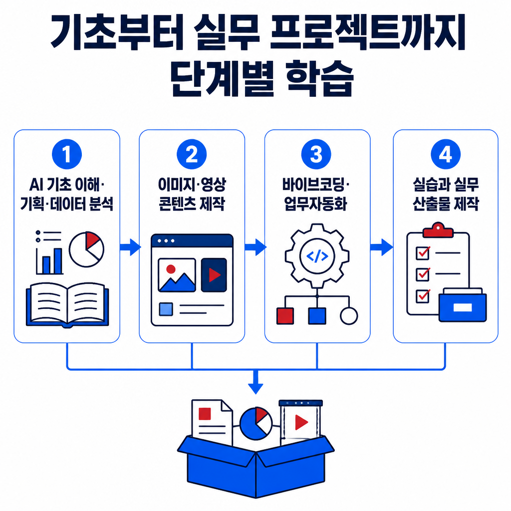 AI 기초 이해에서 콘텐츠 제작과 업무자동화를 거쳐 실무 문제 해결 프로젝트로 이어지는 수준별 교육 흐름