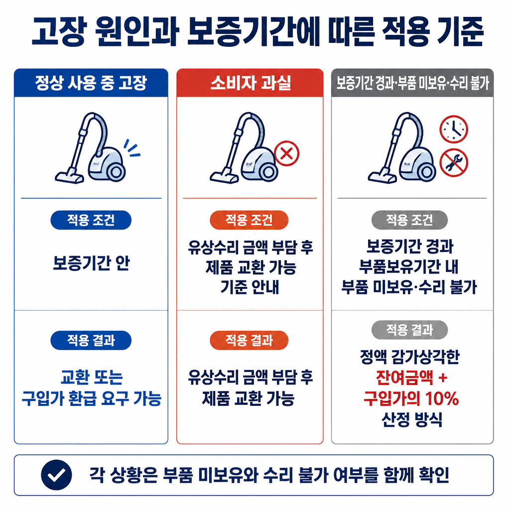 정상 사용 중 고장, 소비자 과실, 품질보증기간 경과 후 부품 미보유 상황의 적용 조건과 처리 기준을 비교한 표