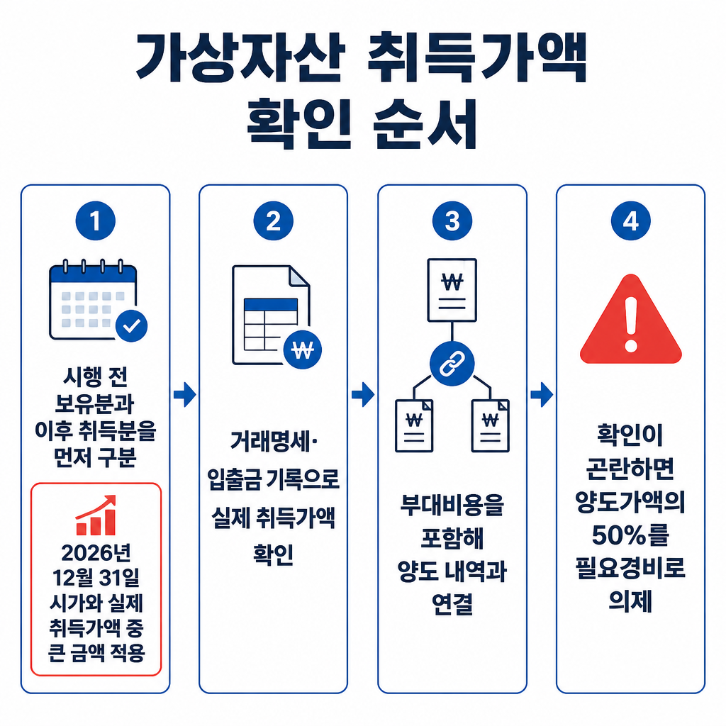 가상자산 취득가액을 거래 시점별로 구분하고 자료를 확인한 뒤 필요경비를 적용하는 순서를 보여주는 절차도