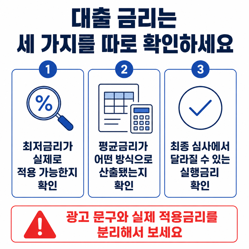 주택담보대출 금리를 판단할 때 최저금리의 적용 가능성, 평균금리의 산정 기준, 최종 실행금리를 따로 확인하는 체크리스트