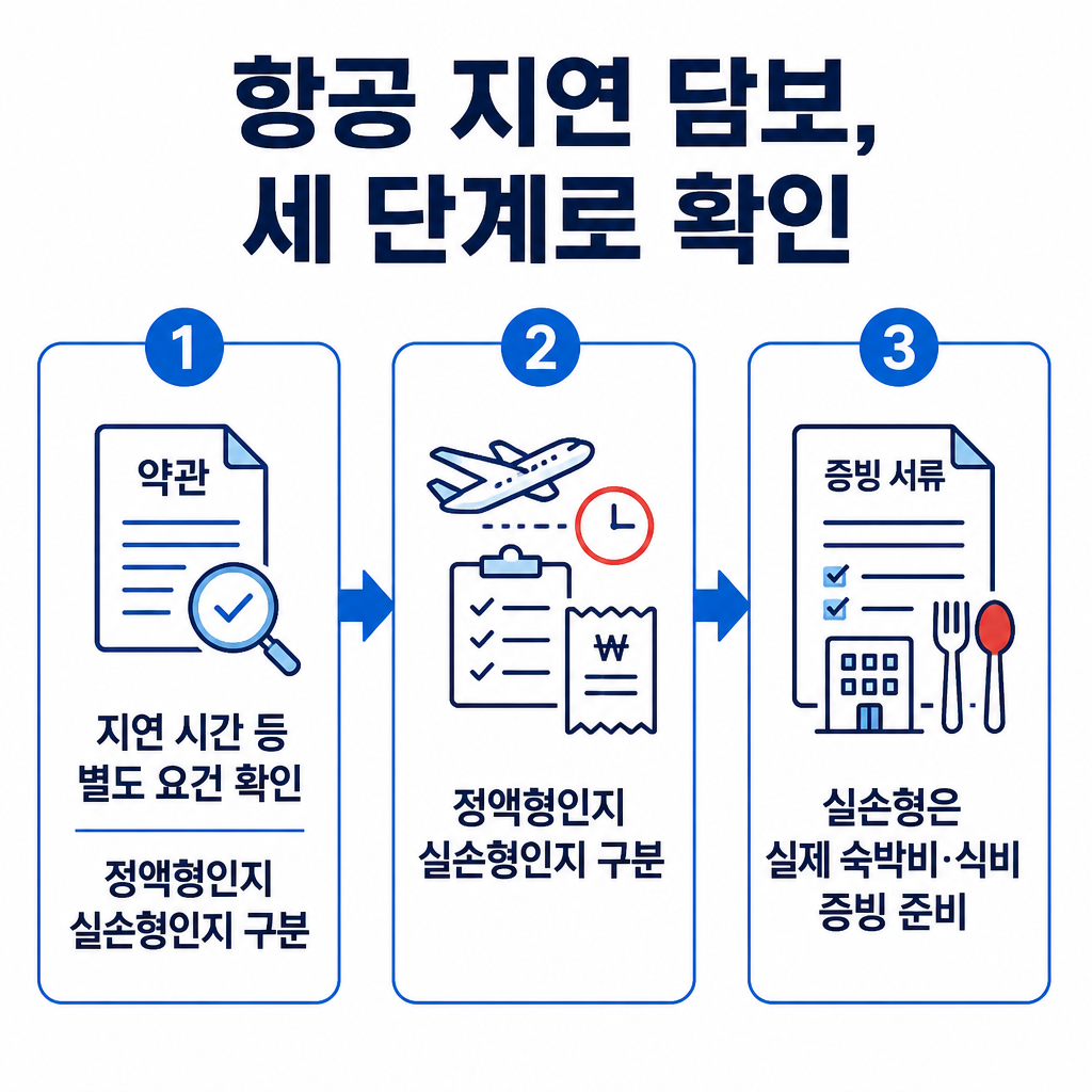 항공편 지연 담보의 가입 전 조건 확인부터 사고 후 실제 지출 증빙 준비까지의 청구 절차를 보여주는 순서도