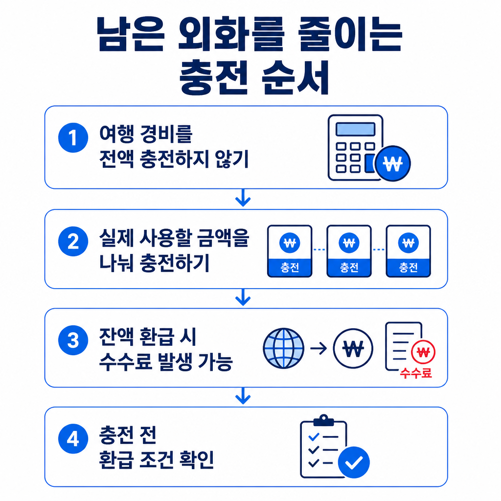 여행 경비를 필요한 만큼 나눠 충전하고 잔액 환급 조건을 확인하는 3단계 절차