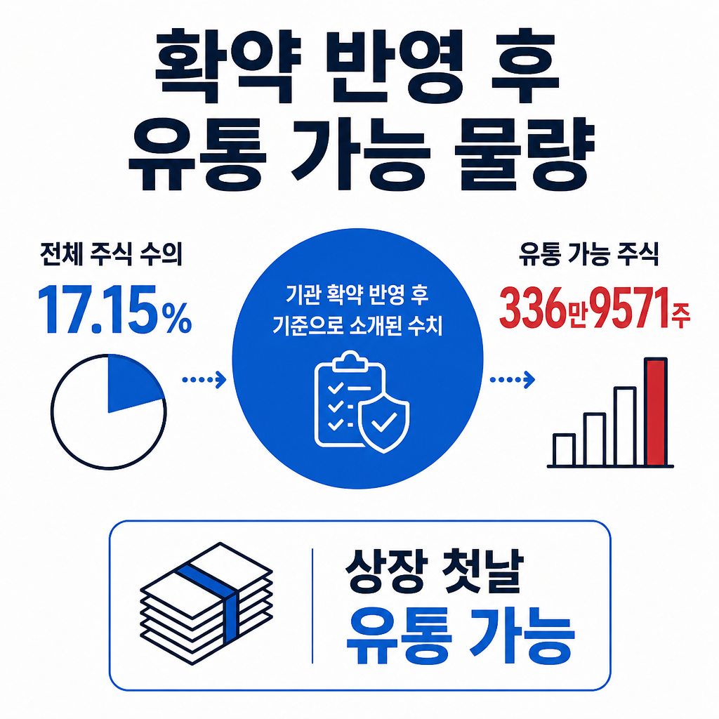 기관 의무보유 확약 반영 후 상장 첫날 유통 가능 물량이 전체의 17.15%, 336만9571주로 제시된 내용을 보여주는 인포그래픽