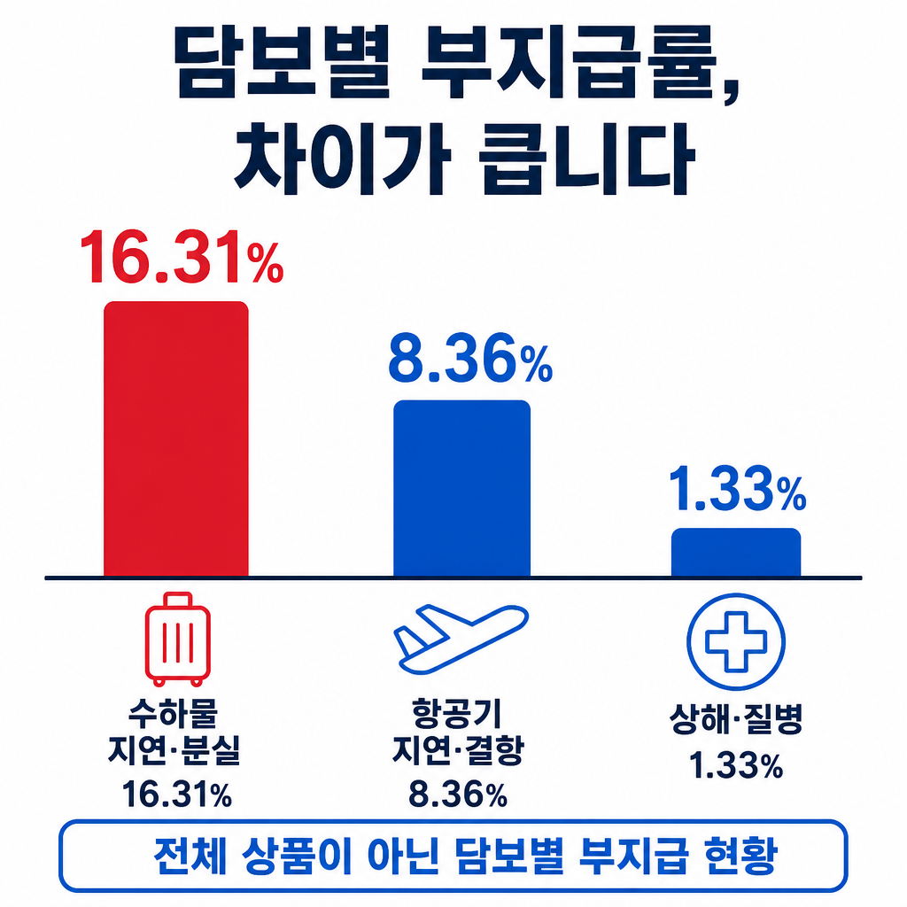 2025년 여행자보험 담보별 부지급률을 비교해 수하물 지연·분실, 항공기 지연·결항, 상해·질병 순으로 차이가 있음을 보여주는 막대그래프