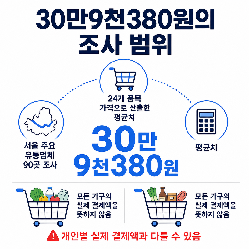 서울 주요 유통업체 90곳의 24개 품목 가격으로 산출한 평균 제수용품 비용 30만9천380원이 개인별 실제 결제액과 다를 수 있음을 설명하는 인포그래픽