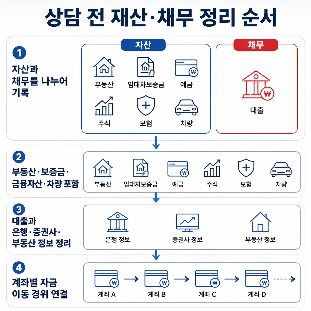 부동산과 금융자산, 차량, 대출을 한 목록에 정리하고 계좌·거래 흐름 자료를 연결해 상담 자료로 묶는 인포그래픽