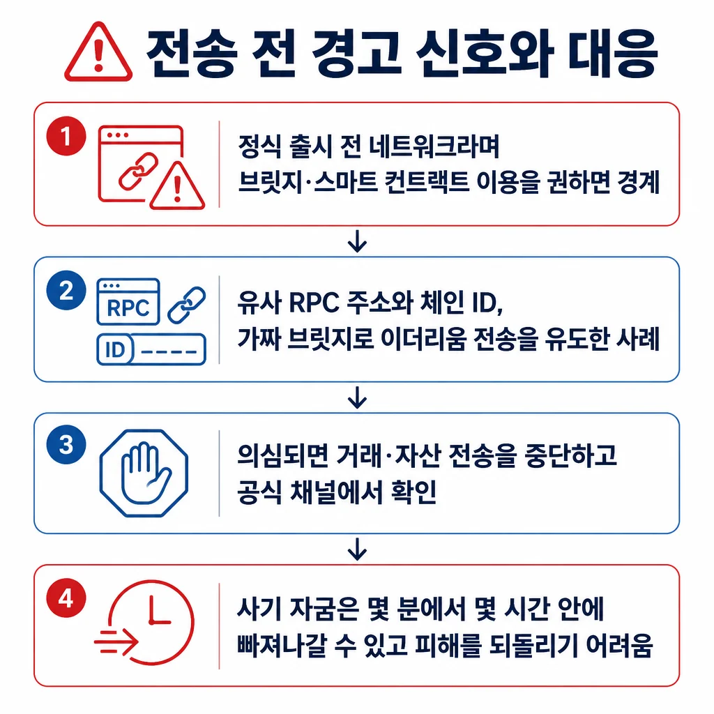 정식 출시 전 네트워크의 브릿지나 스마트 컨트랙트 이용 권유는 경계하고, 의심되면 전송을 멈춰 공식 채널에서 확인해야 한다는 안내.