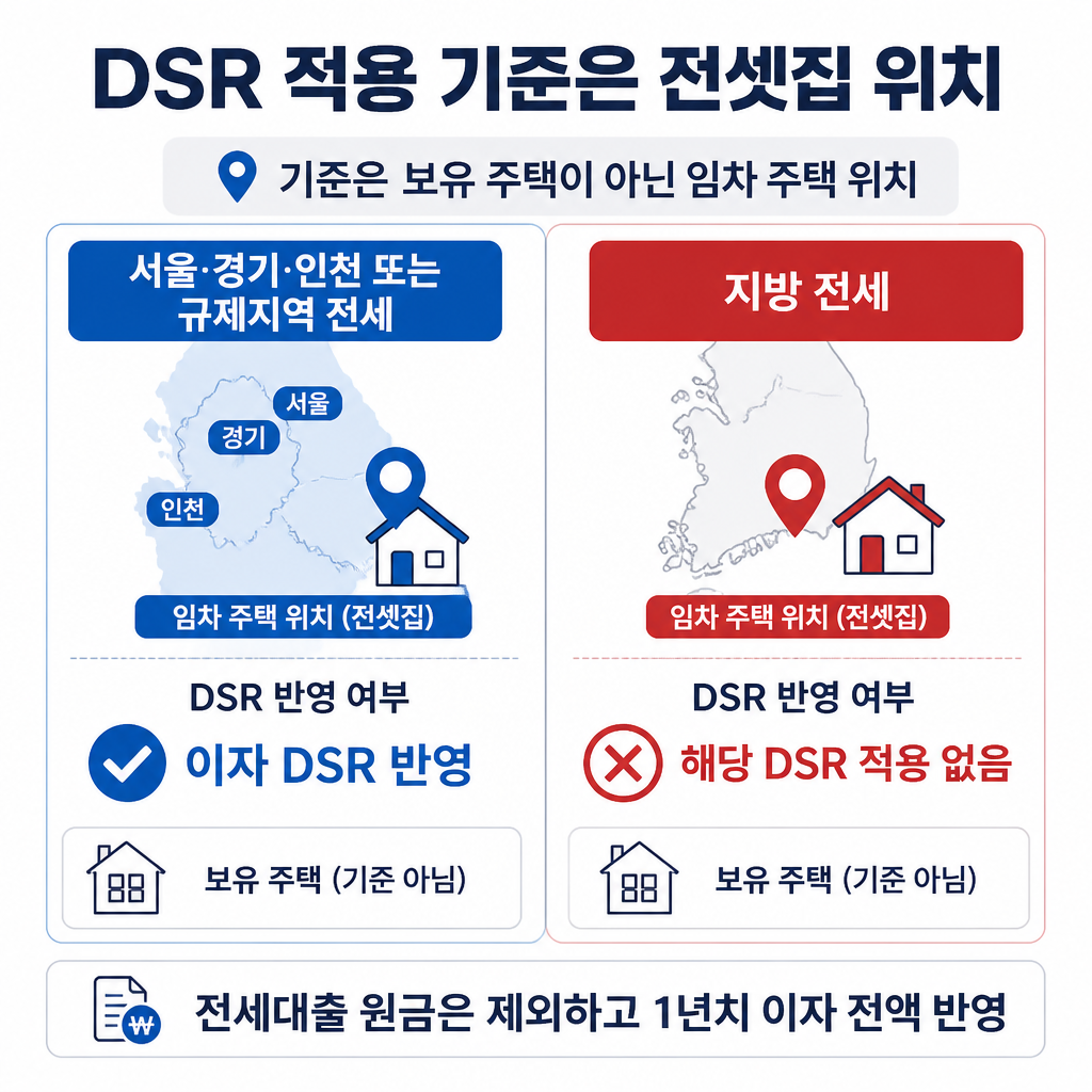 1주택자의 전세대출 DSR 적용 여부는 보유 주택이 아니라 전셋집 위치에 따라 달라지며, 수도권·규제지역은 반영되고 지방 전세는 해당 적용이 되지 않는다는 점을 보여주는 그림입니다.