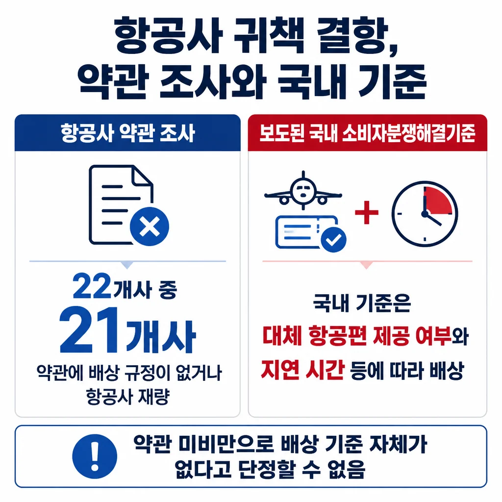 항공사 귀책 결항의 약관 조사 결과와 보도된 국내 배상 기준을 비교해, 조사 대상 22개사 중 21개사의 약관이 미비했고 국내 기준은 대체편 여부와 지연 시간 등을 본다는 점을 보여줍니다.