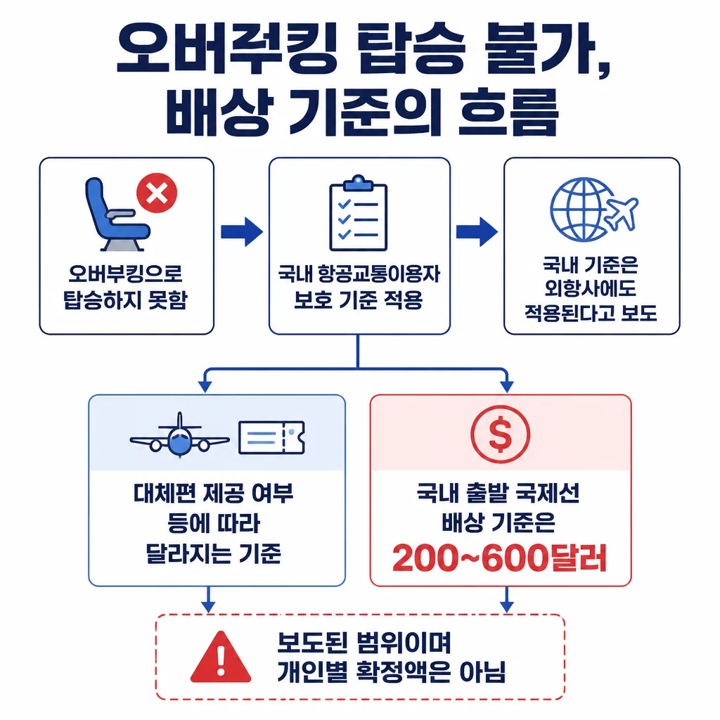 오버부킹으로 탑승하지 못한 경우 국내 기준이 적용되며, 국내 출발 국제선은 대체편 제공 여부 등에 따라 200~600달러를 배상하는 기준이 보도됐다는 흐름도입니다.