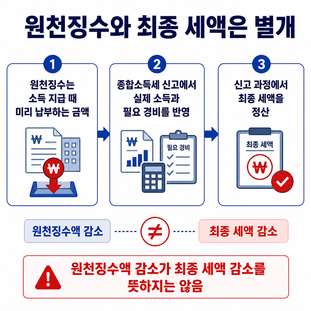 소득 지급 때 미리 원천징수한 뒤 종합소득세 신고에서 실제 소득과 필요 경비를 반영해 최종 세액을 정산하며, 원천징수 감소가 최종 세액 감소를 뜻하지는 않는다는 절차도.