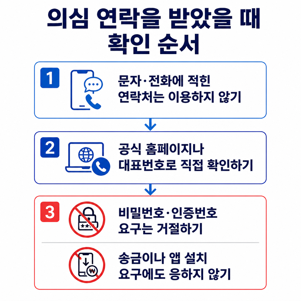 의심 연락은 금융회사 공식 홈페이지나 대표번호로 직접 확인하고 비밀번호·인증번호 제공, 송금, 앱 설치 요구는 거절하는 순서를 보여줍니다.