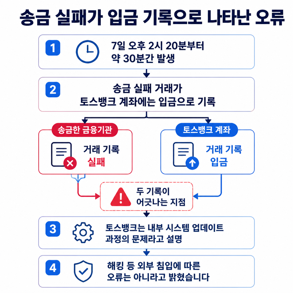송금은 실패했지만 토스뱅크 계좌에는 입금으로 기록된 오류와 은행이 설명한 내부 시스템 업데이트 원인을 보여주는 흐름도
