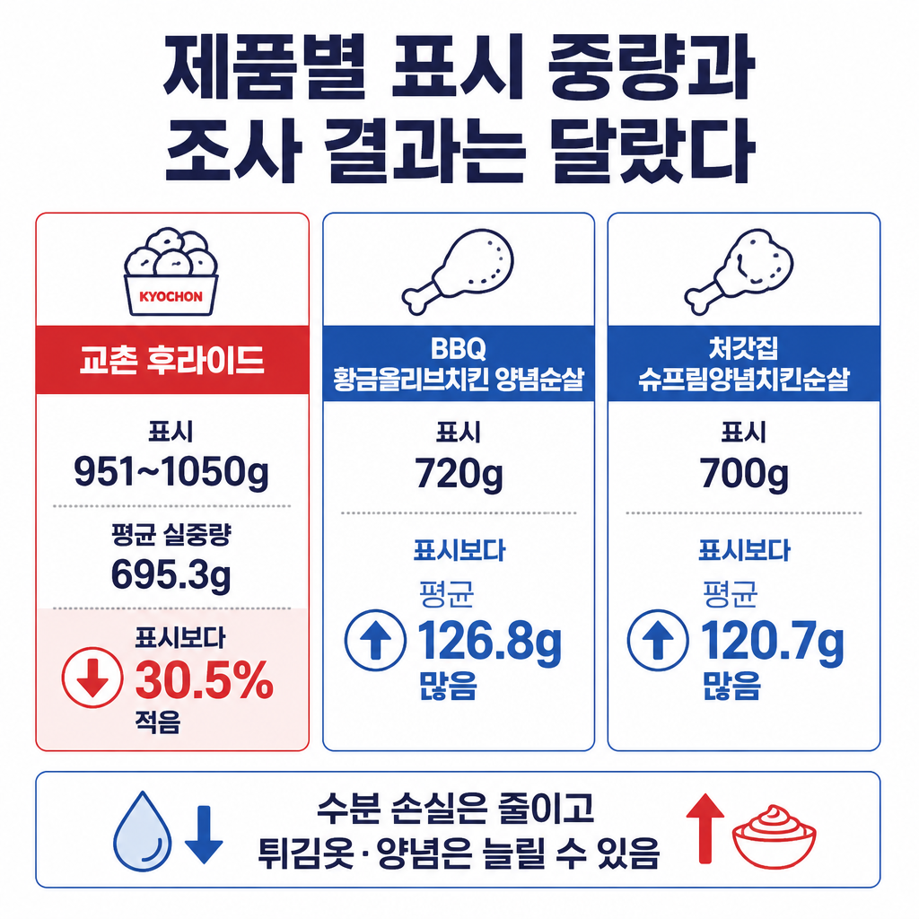 교촌 후라이드의 표시 중량 951~1050g과 평균 실중량 695.3g, BBQ와 처갓집 제품의 표시 중량 대비 평균 초과 중량을 비교하고 중량 변화 요인을 함께 나타낸 그림