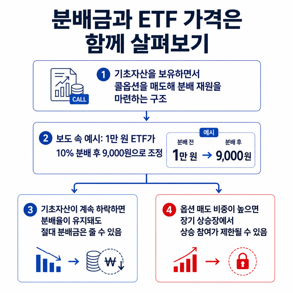 커버드콜 ETF의 옵션 매도 구조와 분배 후 가격 조정 사례, 기초자산 하락 및 상승 참여 제약에 따른 유의점을 나타낸 흐름도입니다.